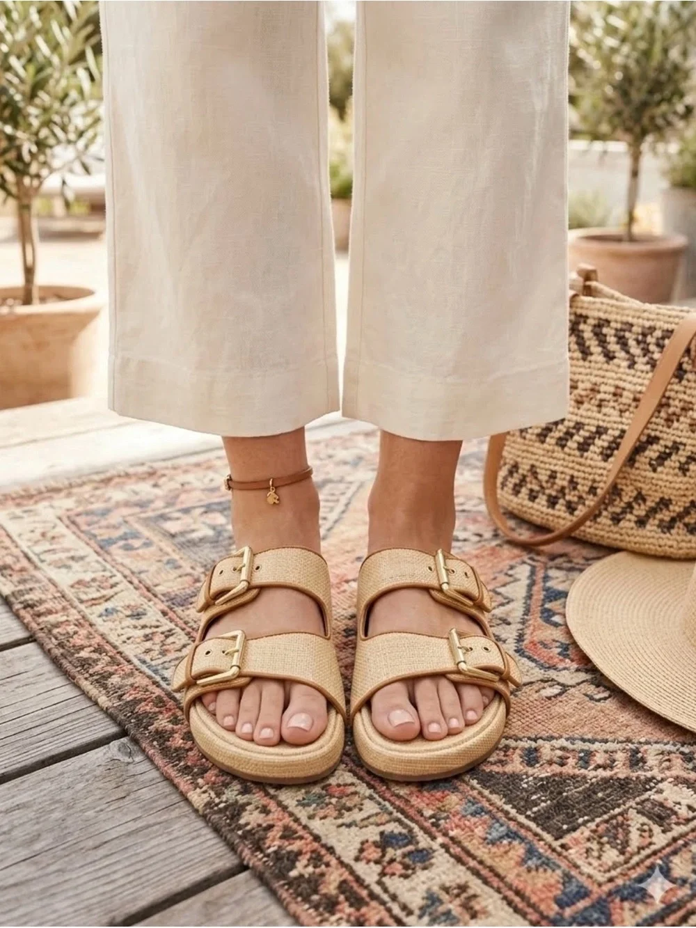 J.Crew Raffia Double Strap Buckle Slide Sandals Leather Womens 6.5Preppy  Resort
